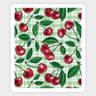 Red cherries on light green gingham Sticker